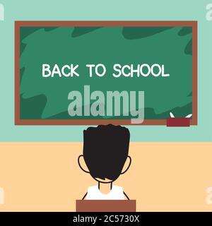 Zurück zur Schule, Junge im Klassenzimmer mit Gesichtsmasken Vektor Illustration Design zu studieren Stock Vektor