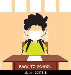 Zurück zur Schule, Junge im Klassenzimmer mit Gesichtsmasken Vektor Illustration Design zu studieren Stock Vektor
