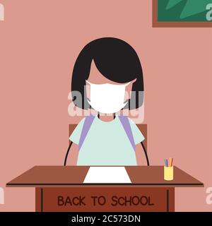 Zurück zur Schule, Mädchen im Klassenzimmer mit Gesichtsmasken Vektor Illustration Design zu studieren Stock Vektor