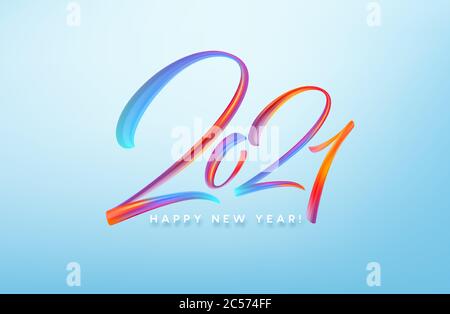 Bunte Brushstroke Farbe Schriftzug Kalligraphie von 2021 Happy New Year Hintergrund. Vektorgrafik Stock Vektor