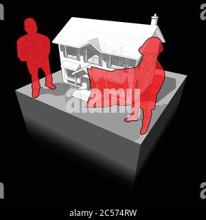 Diagramm eines klassischen Kolonialhauses und Architekten und glücklich lächelnden Mann vor ihm stehen Stock Vektor