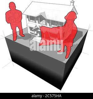 Diagramm eines klassischen Kolonialhauses und Architekten und glücklich lächelnden Mann vor ihm stehen Stock Vektor