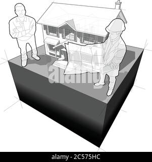 Diagramm eines klassischen Kolonialhauses und Architekten und glücklich lächelnden Mann vor ihm stehen Stock Vektor