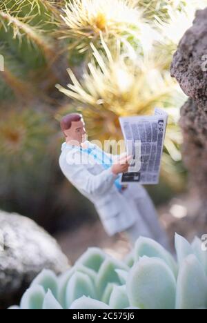 Icon Bild von Informationen, Diorama, Miniatur, Mann Lesung Zeitung, spiky Umgebung, Hochformat Stockfoto