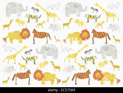 Kinder Zeichnung Safari Tier Muster auf weißem Hintergrund Stockfoto