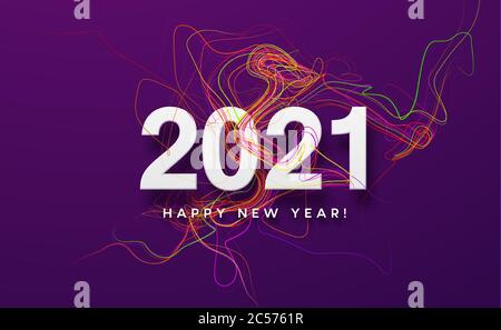 2021 weiße Inschrift auf dem violetten Hintergrund des roten Wellenrauchs. Vektorgrafik Stock Vektor
