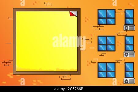 Plakatwand auf einem Gebäude. Gelbe leere Banner auf der Seite eines Blocks von flach. Vektorgrafik Cartoon-Illustration. Stock Vektor