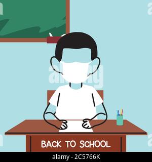 Zurück zur Schule, Junge im Klassenzimmer mit Gesichtsmasken Vektor Illustration Design zu studieren Stock Vektor