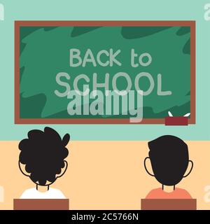 Zurück in die Schule, Kinder studieren im Klassenzimmer mit Gesichtsmasken Vektor Illustration Design Stock Vektor