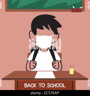Zurück zur Schule, Junge im Klassenzimmer mit Gesichtsmasken Vektor Illustration Design zu studieren Stock Vektor