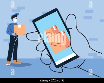 Kontaktlose Lieferung, sicherer Kurier durch covid 19, Ware online bestellen per Smartphone Vektor-Illustration Design Stock Vektor