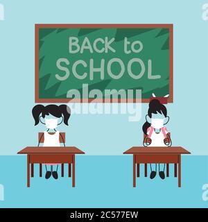 Zurück in die Schule, Kinder studieren im Klassenzimmer mit Gesichtsmasken Vektor Illustration Design Stock Vektor