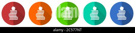 Apple auf Bücher Icon-Set, Bildung, Wissen, rot, blau, grün und orange flaches Design Web-Tasten isoliert auf weißem Hintergrund, Vektor-Illustration Stock Vektor