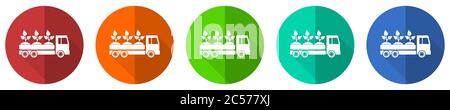 LKW-Symbol-Set, Pflanzen und Bäume Lieferung, rot, blau, grün und orange flaches Design Web-Tasten isoliert auf weißem Hintergrund, Vektor-Illustration Stock Vektor