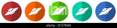 UFO, Alien Raumschiff Icon Set, rot, blau, grün und orange flaches Design Web-Tasten isoliert auf weißem Hintergrund, Vektor-Illustration Stock Vektor