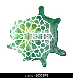 Arabeske runde geometrische Element mit Aquarell-Splash. Mandala-Kunstdesign Stockfoto