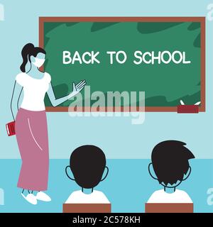Zurück in die Schule, Kinder studieren im Klassenzimmer mit Gesichtsmasken Vektor Illustration Design Stock Vektor