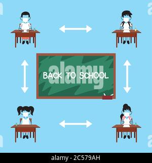 Schüler halten Abstand, Schüler tragen eine Gesichtsmaske sitzen auf einem Stuhl im Klassenzimmer, soziale Distanzierung Vektor Illustration Design Stock Vektor