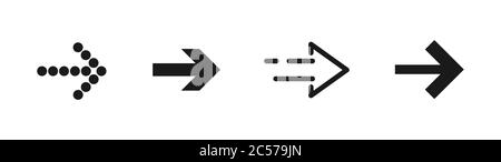 Schwarze Pfeile nach rechts gesetzt. Flaches Symbol isoliert auf Weiß. Symbol „Weiter“. Als nächstes drücken Sie die Eingabetaste, wischen Sie über die Schaltfläche, und blättern Sie. Pfeil nach Osten. Geometrischer Stil Stock Vektor
