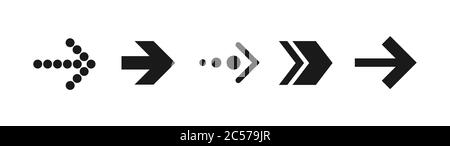 Schwarze Pfeile nach rechts gesetzt. Flaches Symbol isoliert auf Weiß. Symbol „Weiter“. Als nächstes drücken Sie die Eingabetaste, wischen Sie über die Schaltfläche, und blättern Sie. Pfeil nach Osten. Geometrischer Stil Stock Vektor