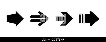 Schwarze Pfeile nach rechts gesetzt. Flaches Symbol isoliert auf Weiß. Symbol „Weiter“. Als nächstes drücken Sie die Eingabetaste, wischen Sie über die Schaltfläche, und blättern Sie. Pfeil nach Osten. Geometrischer Stil Stock Vektor