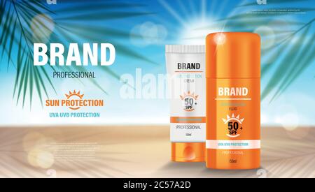 Sonnenschutz, Sonnenschutz und Sonnenschutz ADS Vorlage. Design von Kosmetikprodukten. Gesicht und Körperlotion mit UV-Schutz auf Palmenstrand Sommer Hintergrund Stock Vektor