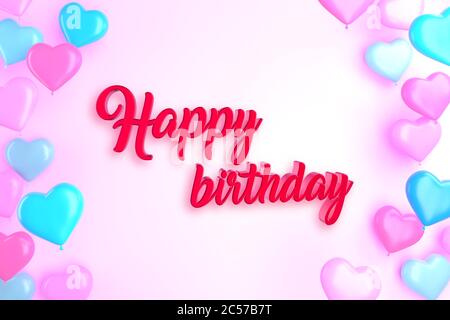 Geburtstagskarte. Dekorativer Hintergrund mit Herz-Ballonen. 3D-Rendering. Romantische Illustration. Stockfoto