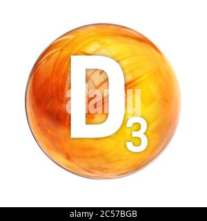 Vitamin D3-Kugelmolekül für medizinische Pharmazie. Leuchtendes Symbol von Vitamin D3. Vitamin-Symbol. 3D-Rendering Stockfoto