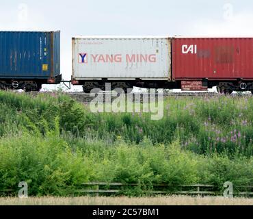 Yang Ming Transportcontainer auf einem freightliner Zug, Warwickshire, Großbritannien Stockfoto