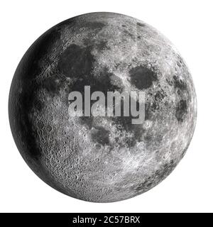 Vollmond in hoher Auflösung isoliert auf weißem Hintergrund. 3D-Rendering Stockfoto