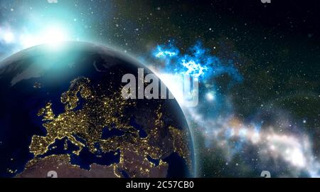 Erde mit Stadtbeleuchtung in hoher Auflösung. Globus mit Licht sehr detaillierte Europa. 3d-Rendering Stockfoto