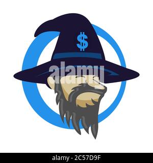 Kopf Cartoon des Zauberers mit Dollar-Symbol in Hut. Bestes Illustrationsdesign für Ihr Element-Design. Vektorgrafik EPS.8 EPS.10 Stock Vektor