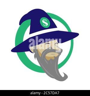 Kopf Cartoon des Zauberers mit Dollar-Symbol in Hut. Bestes Illustrationsdesign für Ihr Element-Design. Vektorgrafik EPS.8 EPS.10 Stock Vektor