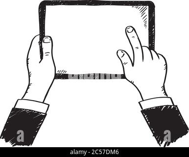 Doodle Illustration der Hände halten Tablet-Computer mit einer Hand Tippen auf dem Bildschirm. Handgezeichnete Doodle-Vektorgrafik. Stock Vektor