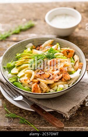 Hauptgericht, Salatschüssel mit Lachs, ofengerösteter Fenchel, gebratene Zwiebel, Avocado, Kokosnuss-Joghurt-Dressing Stockfoto