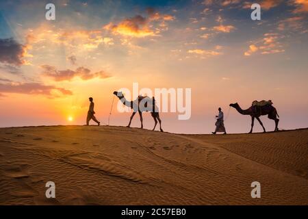 Indische Kameltreiber mit Kamelsilhouetten in Dünen bei Sonnenuntergang. Jaisalmer, Rajasthan, Indien Stockfoto