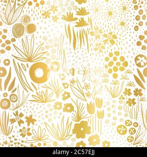 Metallisches Goldfolie Blumenfeld auf weißem nahtlosem Vektor-Muster. Wiederholende goldene Freiheit Doodle Blume Wiese Hintergrund. Elegante Blumen für zu Hause Stock Vektor