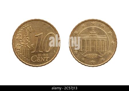 10 Cent-Euro-Münze von Deutschland vom 2002, zeigt das Brandenburger Tor von Berlin auf der Rückseite ausgeschnitten und isoliert auf weißem Hintergrund Stockfoto