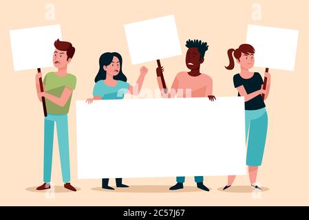 Flache Vektor-Illustration Designs, die Hände von Menschen in verschiedenen Farben & Menschen verschiedener Rassen zusammen protestieren gegen rassische Gewalt Stock Vektor