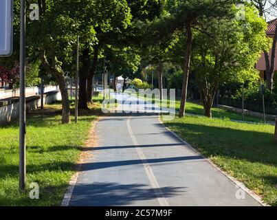 Blauer Radweg durch einen öffentlichen Park mit Rasen und Bäumen (Pesaro, Italien, Europa) Stockfoto