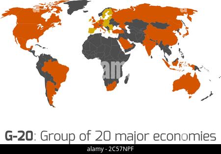 G-20 oder Gruppe der wichtigsten Volkswirtschaften der Welt. Hervorgehoben durch Orange in leerer politischer Weltkarte. Stock Vektor