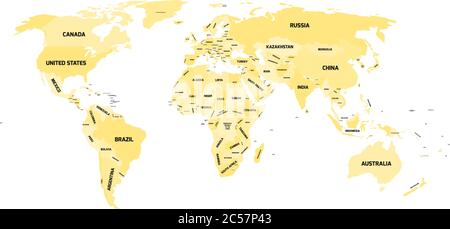 Weltkarte mit Namen souveräner Länder und größerer abhängiger Gebiete. Vereinfachte Vektorkarte in vier Gelbtönen auf weißem Hintergrund. Stock Vektor
