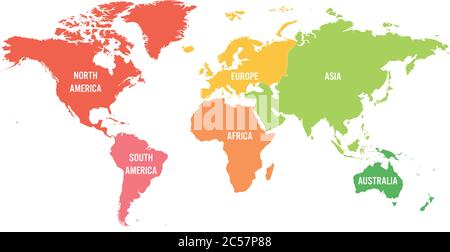 Weltkarte in sechs Kontinente unterteilt. Jeder Kontinent in verschiedenen Farben. Einfache flache Vektorgrafik. Stock Vektor