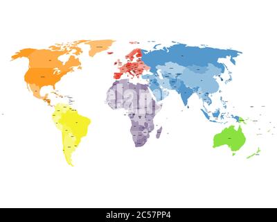 Farbige politische Weltkarte mit Namen souveräner Länder und größerer abhängiger Gebiete. Unterschiedliche Farben für jeden Kontinent. Südsudan eingeschlossen. Stock Vektor