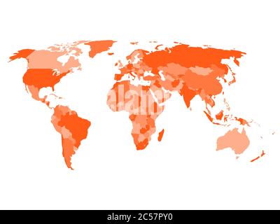 Weltkarte mit Namen souveräner Länder und größerer abhängiger Gebiete. Vereinfachte Vektorkarte in vier Orange-Schattierungen auf weißem Hintergrund. Stock Vektor