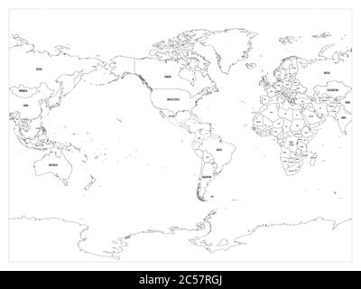 Weltkarte Ländergrenze Umriss auf weißem Hintergrund. Mit Ländernamen. Amerika zentrierte Weltkarte. Vektorgrafik. Stock Vektor