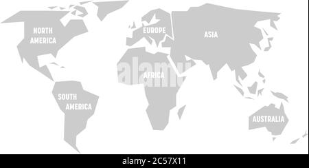 Vereinfachte graue Silhouette der Weltkarte, die auf sechs Kontinente aufgeteilt ist. Einfache flache Vektorgrafik auf weißem Hintergrund. Stock Vektor