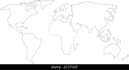 Vereinfachte schwarze gestrichelte Umrisse der Weltkarte, die auf sechs Kontinente aufgeteilt ist. Einfache flache Vektorgrafik auf weißem Hintergrund. Stock Vektor
