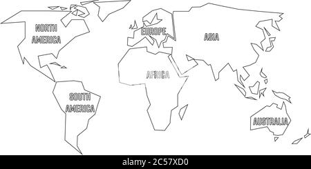 Vereinfachte schwarze Umrisse der Weltkarte, die auf sechs Kontinente mit Beschriftungen aufgeteilt ist. Einfache flache Vektorgrafik auf weißem Hintergrund. Stock Vektor