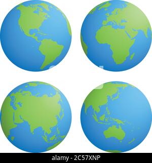 Satz von vier Planeten Erde Globen mit grünem Land silhouette Karte auf blaues Wasser Hintergrund. 3D-Vektor Illustration. Stock Vektor